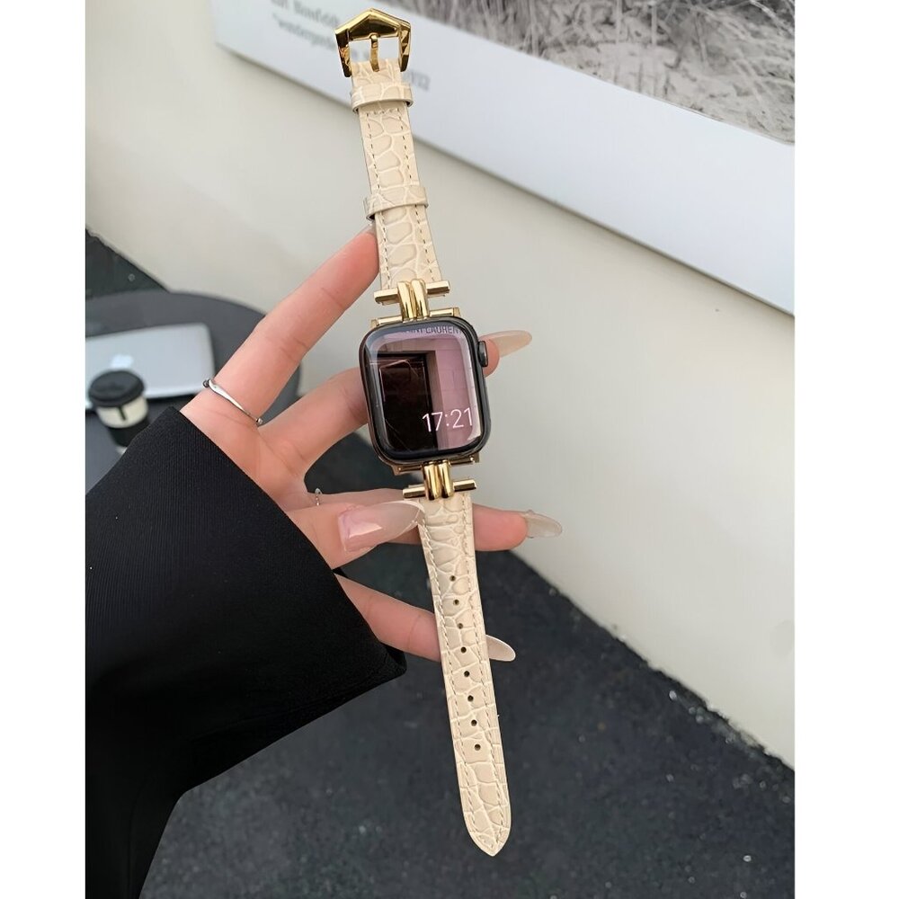 NEW Stylish Premium Leather Gold Strap Watch Band For Apple Watch - Cream